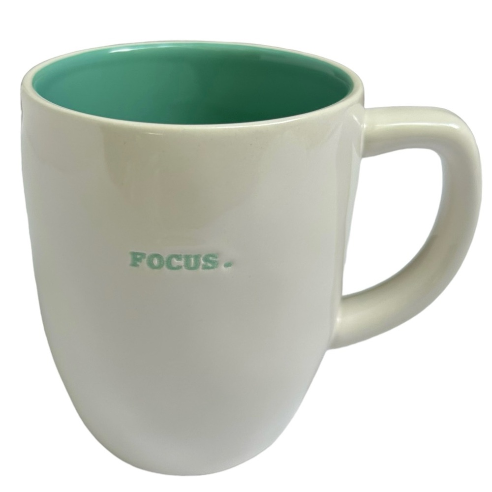 Rae Dunn FOCUS Coffee Mug Tea White Teal Letters and Interior Dimples 2017 Yoga